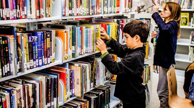 мальчик в библиотеке ,ребенок выбирает книгу