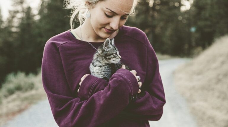 девушка держит котенка, трогательная забота о котенке