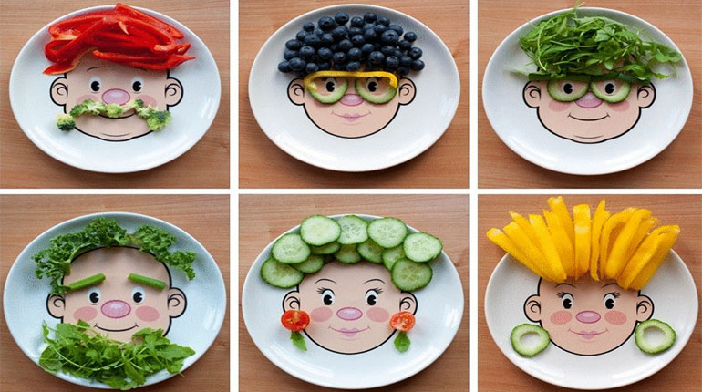 тарелки с картинками и овощами для детей, смешные рожицы на тарелках