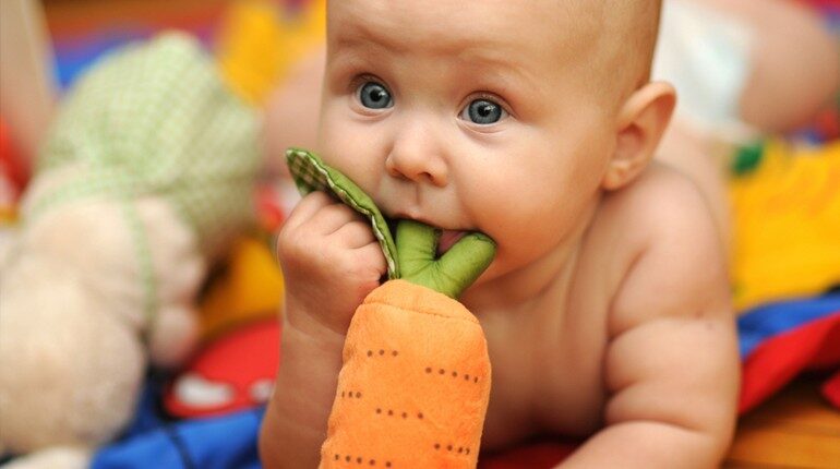 малыш держит во рту игрушечную морковку, младенец с игрушкой