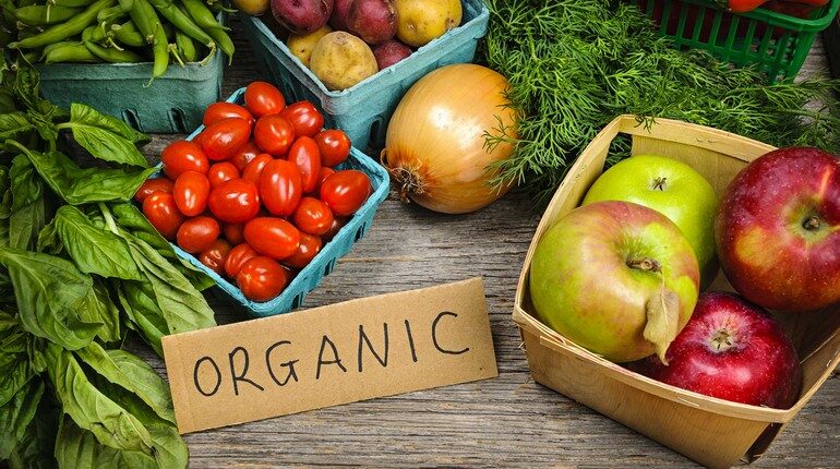 органические продукты, фрукты и овощи в коробочках, урожай овощей и фруктов, органические продукты